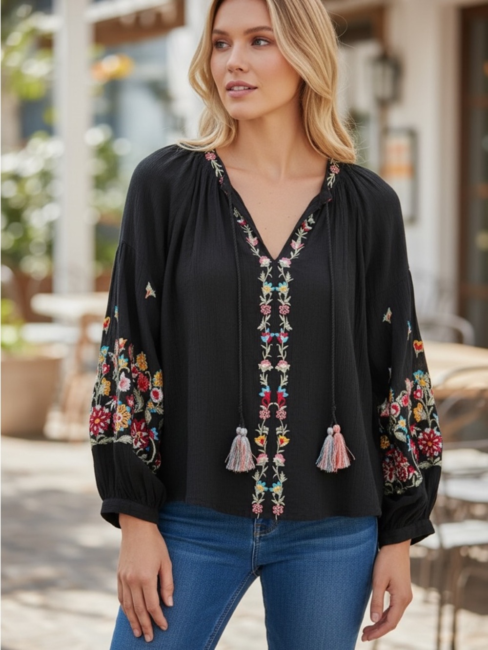 Maeve Anthropologie Embroidered Boho Peasant Blouse S Black Floral
